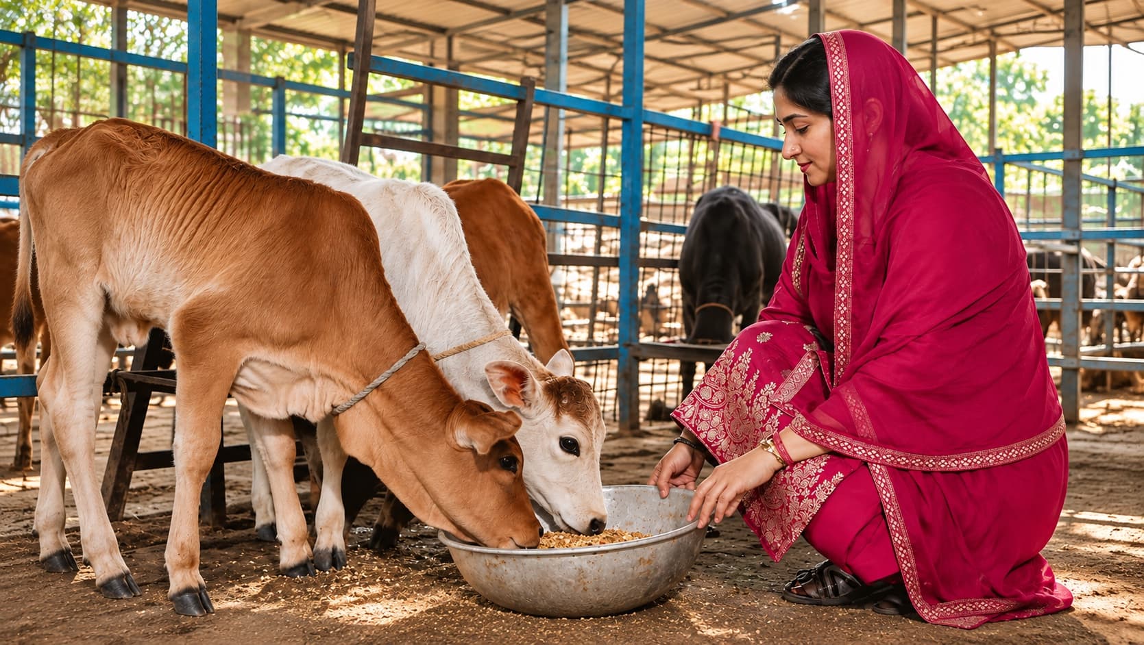 Calves being fed by hand at a registered Panjrapol
