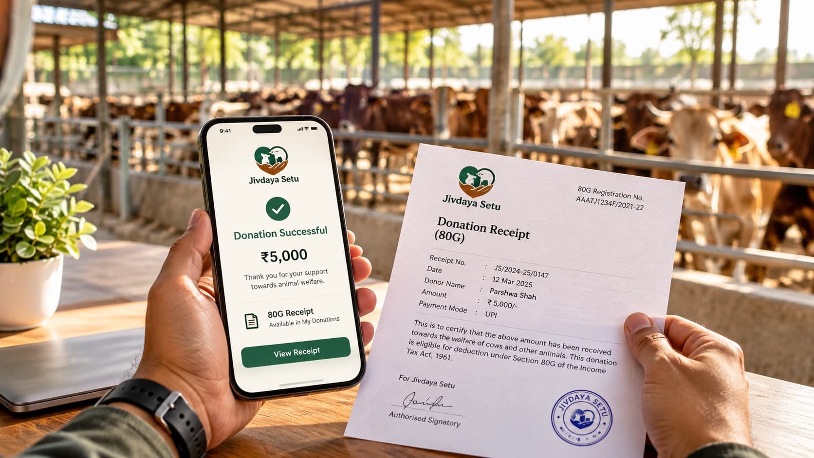 A donor holding a phone that shows a successful donation and a printed 80G receipt, in front of a cow shelter